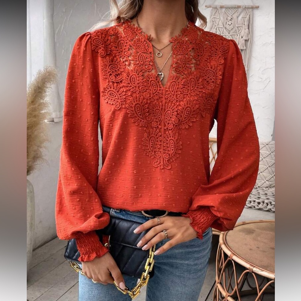 Elegant Orange Lace Long Sleeve Blouse